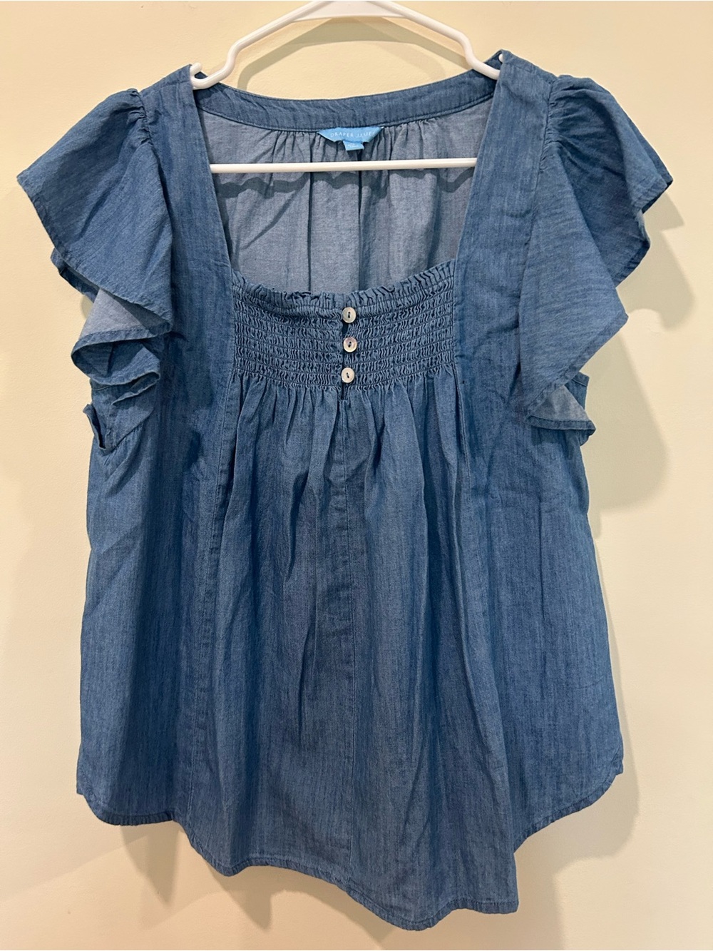 Smocked Square-Neck Flutter Sleeve Top in Light Blue - Picture 4 of 7
